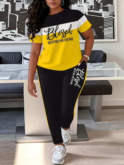 Women's Casual Two-Piece Outfit "BLESSED" Letter Print Color-Block T-Shirt And Pocket Pants Set