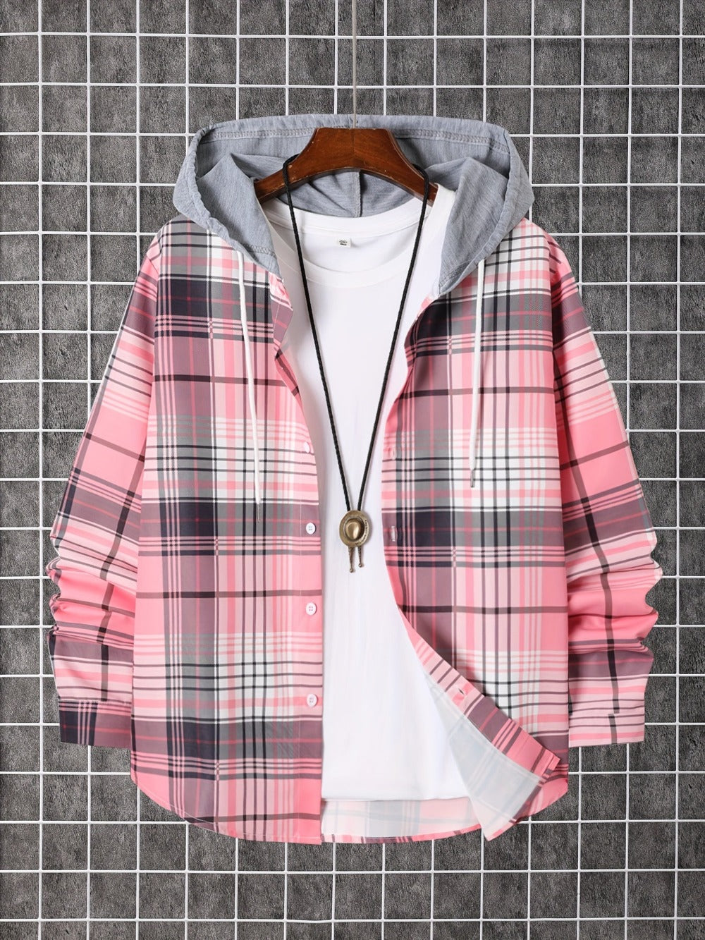 Men's Plaid Long Sleeve Hooded Shirt - Stretch