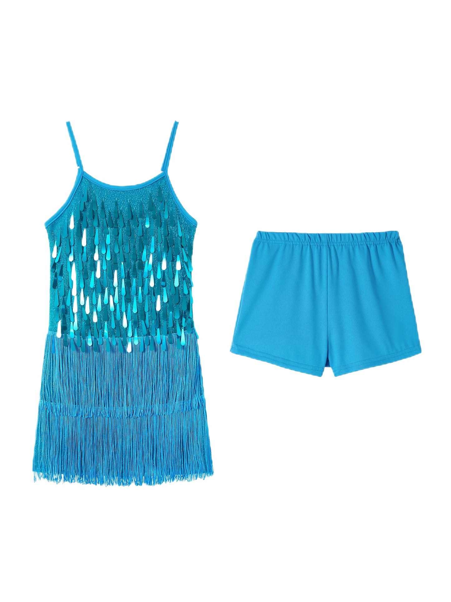 Girls Sequin Dance Dress Fringe Flapper Two-Piece Set Shiny Tassel Latin Dance Chukka Dress With Adjustable Straps And Short