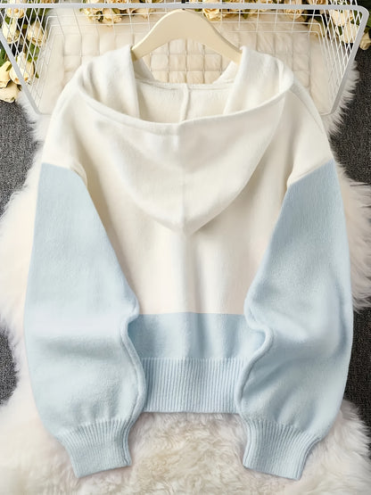 Plus Size - Fresh Pink & White Contrast Hooded Cardigan, Cozy Long Sleeve Cardigan with Button Details, Perfect for Fall/Winter