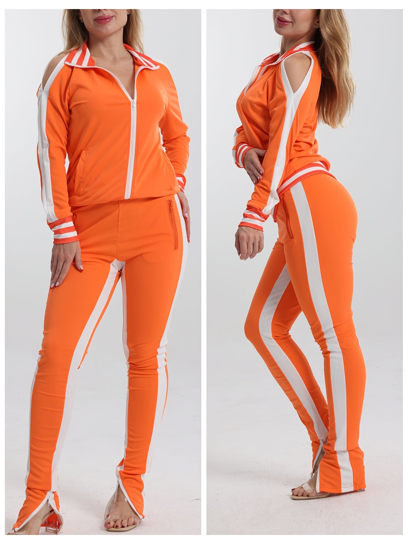 Women's 2pcs Athletic Tracksuit Set, Striped Contrast Shoulder Slit Top & Zipper Hem Sporty Pants, Activewear Lounge Set
