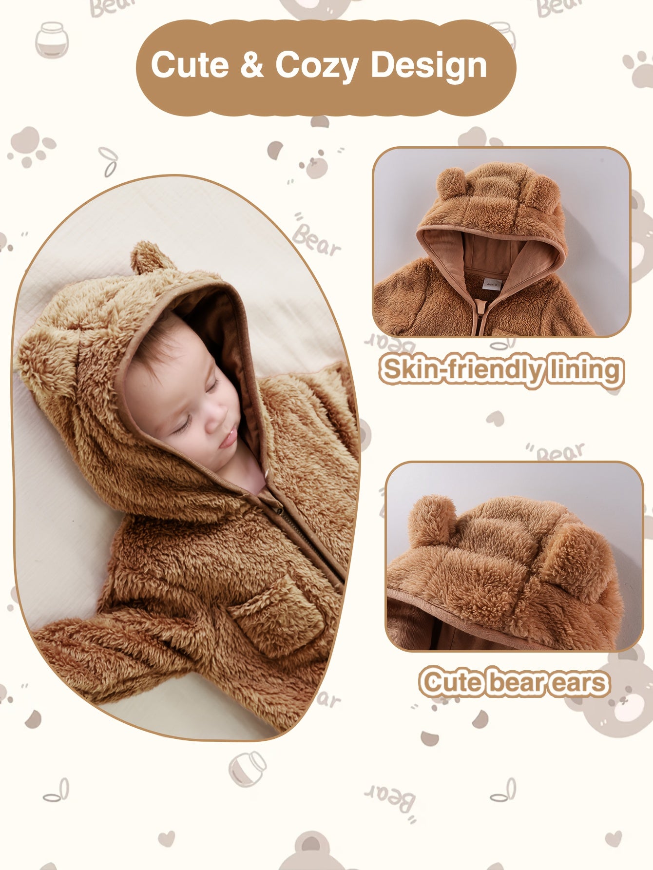 Newborn Baby Outfit Suit Bear Onesie Fold-Over Mittens Footies Girls Boys Winter Fleece Clothes Hooded Jumpsuit Romper