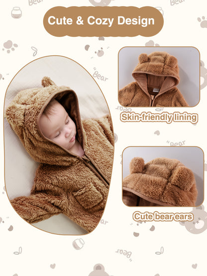 Newborn Baby Outfit Suit Bear Onesie Fold-Over Mittens Footies Girls Boys Winter Fleece Clothes Hooded Jumpsuit Romper