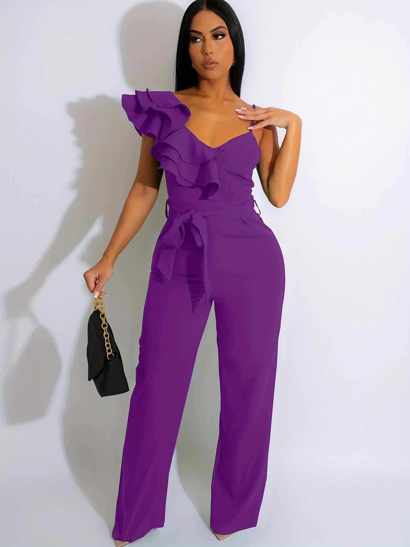 Womens Casual 1pc Jumpsuits V-Neck Sleeveless Ruffle Elegant Romper Wide Leg Pant Sexy Party Clubwear Overalls