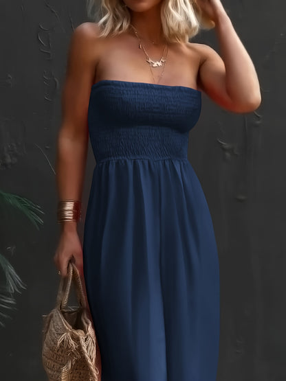 Womens Sleeveless Strapless Wide Leg Jumpsuits Summer Casual Loose Smocked Chiffon Jumpsuit Rompers with Pockets