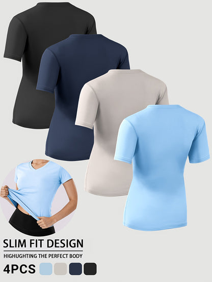 4pcs Women's Barely There Sports T-Shirts V-Neck, Pullover Short Sleeve Tops, Stretchy, Quick-Dry, Breathable, Soft for Workout, Fitness, Running, Yoga, Pilates