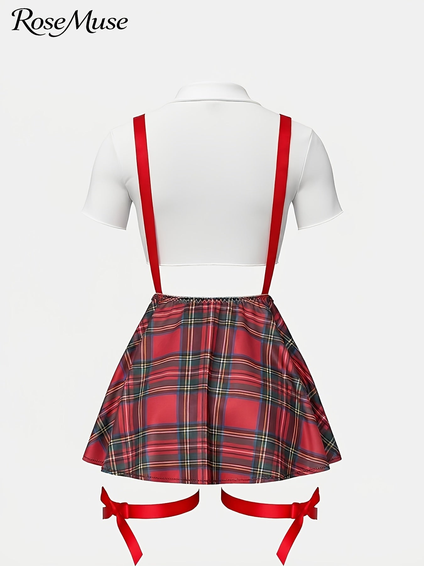 New European And American Style Plus-Size Women'S Cosplay Uniform Set: Plaid Suspender Mini Skirt, Top, Panties, Bow Tie, And Bow Leg Cuffs - 8pcs Set, Laid Skirt Sleeves Uniform Lingerie Set