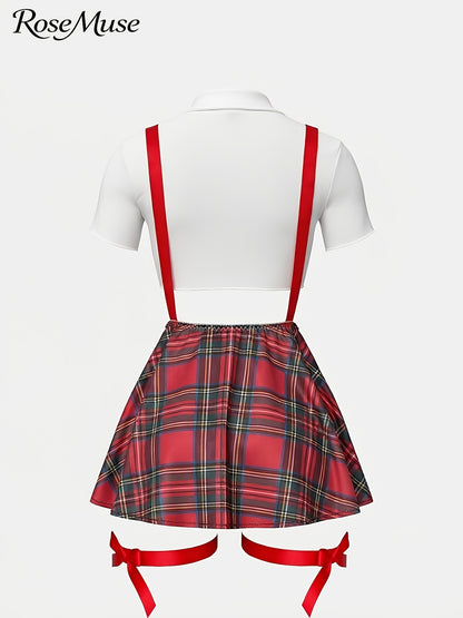 New European And American Style Plus-Size Women'S Cosplay Uniform Set: Plaid Suspender Mini Skirt, Top, Panties, Bow Tie, And Bow Leg Cuffs - 8pcs Set, Laid Skirt Sleeves Uniform Lingerie Set