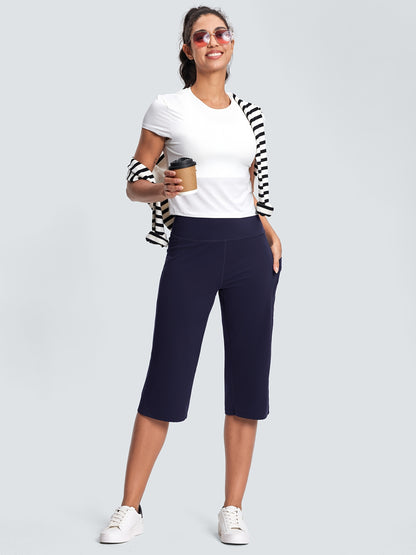 18-Inch Capri Trousers for Women Featuring a High Waist, Pockets, Tummy Control, And a Loose Straight Leg Design Suitable for Workouts And