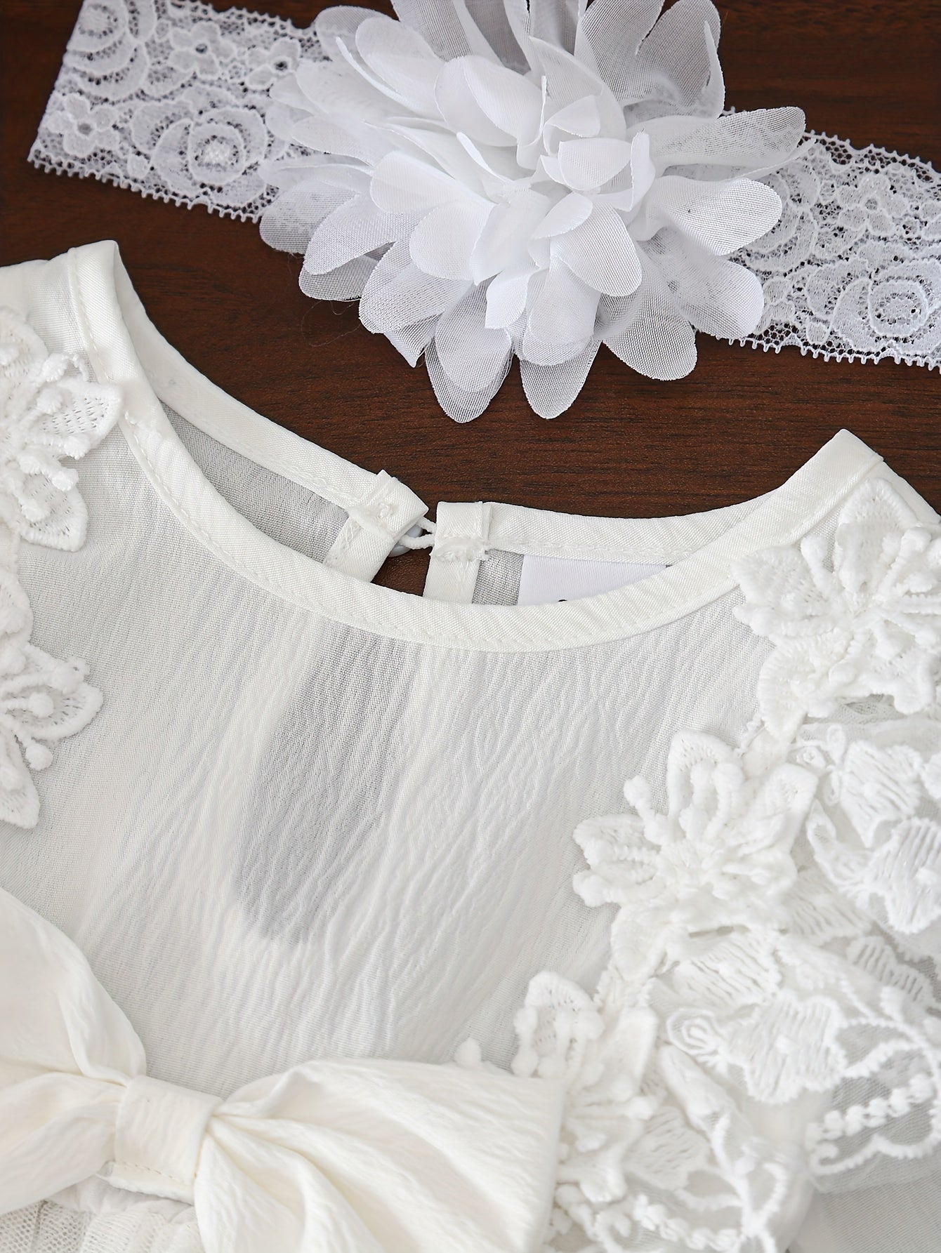 2pcs Baby Girl'S Lace Dress Set, Crew Neck, Long Sleeve, Solid Color, Non-Stretch Fabric, with Contrast Lace Detail, with Matching Floral Headband, for Spring/Fall, Elegant Princess Style Ha Yi Skirt Outfit for Children
