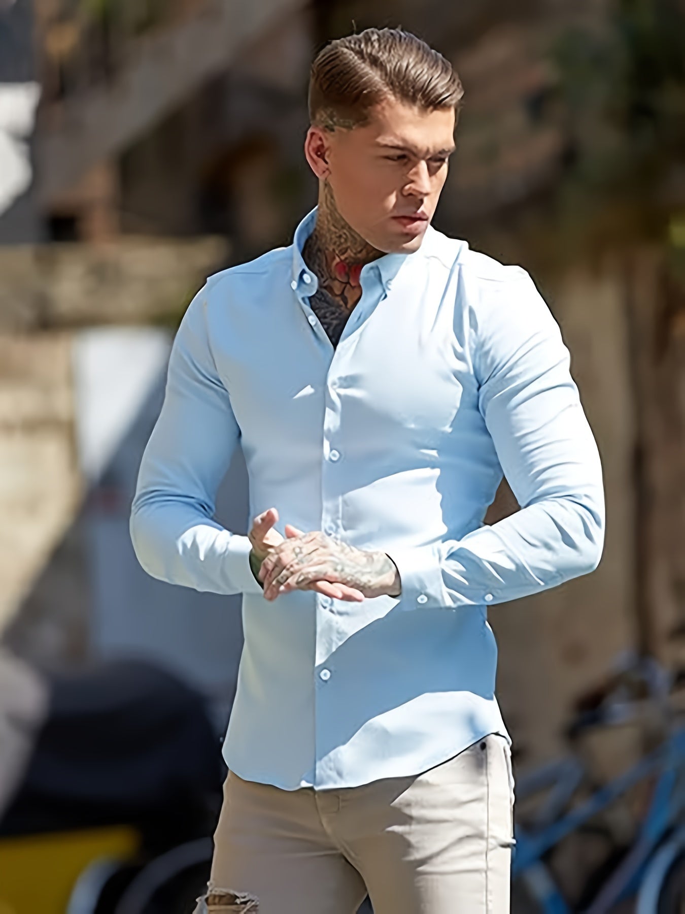 URRU Men's Muscle Fit Slim Stretch Dress Shirt - 4-Way Stretch Fabric (65% Rayon/25% Nylon/10% Spandex), Square Collar, Long Sleeve Button- Casual Shirt for All-Season Wear, Machine Washable Solid Color, Versatile Menswear, Classic Collar Design