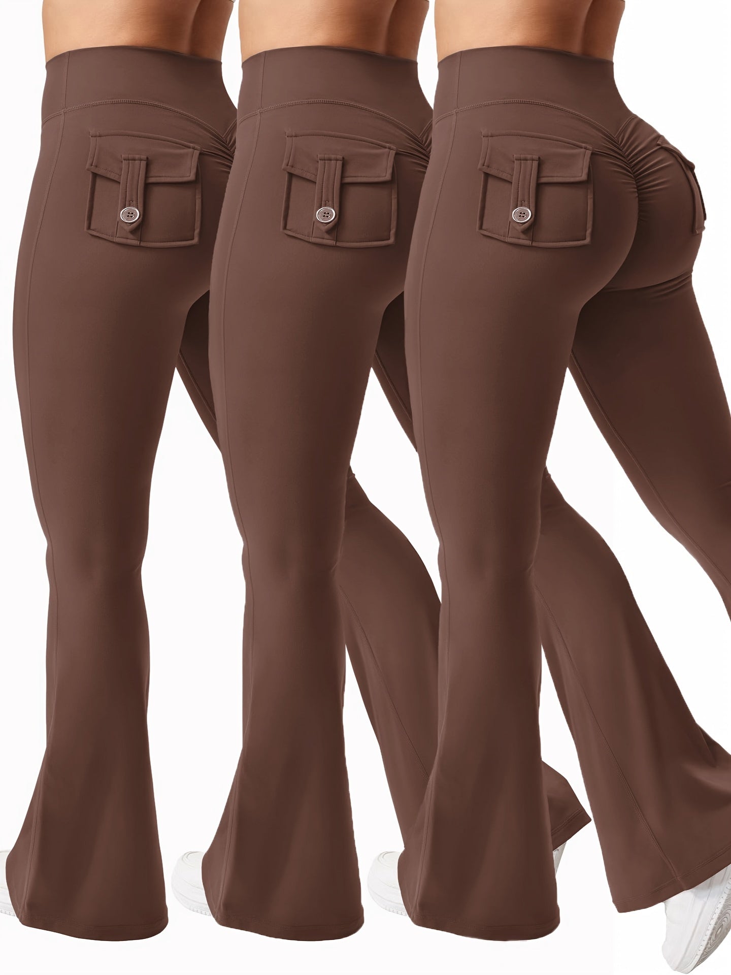 Women's Autumn 3pcs Set, New Style Casual Flared Yoga Pants, Training Flared Trousers, High-Waist Workwear with Belt and Pockets, Sportswear, Halloween Costume, Christmas Apparel