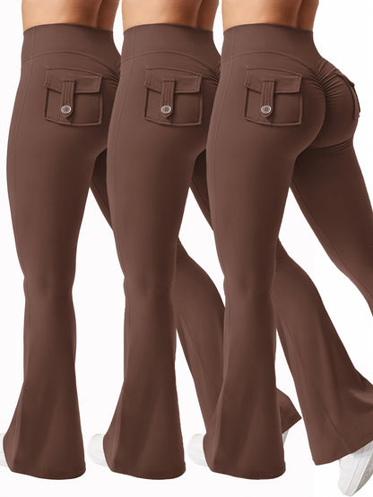 Women's Autumn 3pcs Set, New Style Casual Flared Yoga Pants, Training Flared Trousers, High-Waist Workwear with Belt and Pockets, Sportswear, Halloween Costume, Christmas Apparel