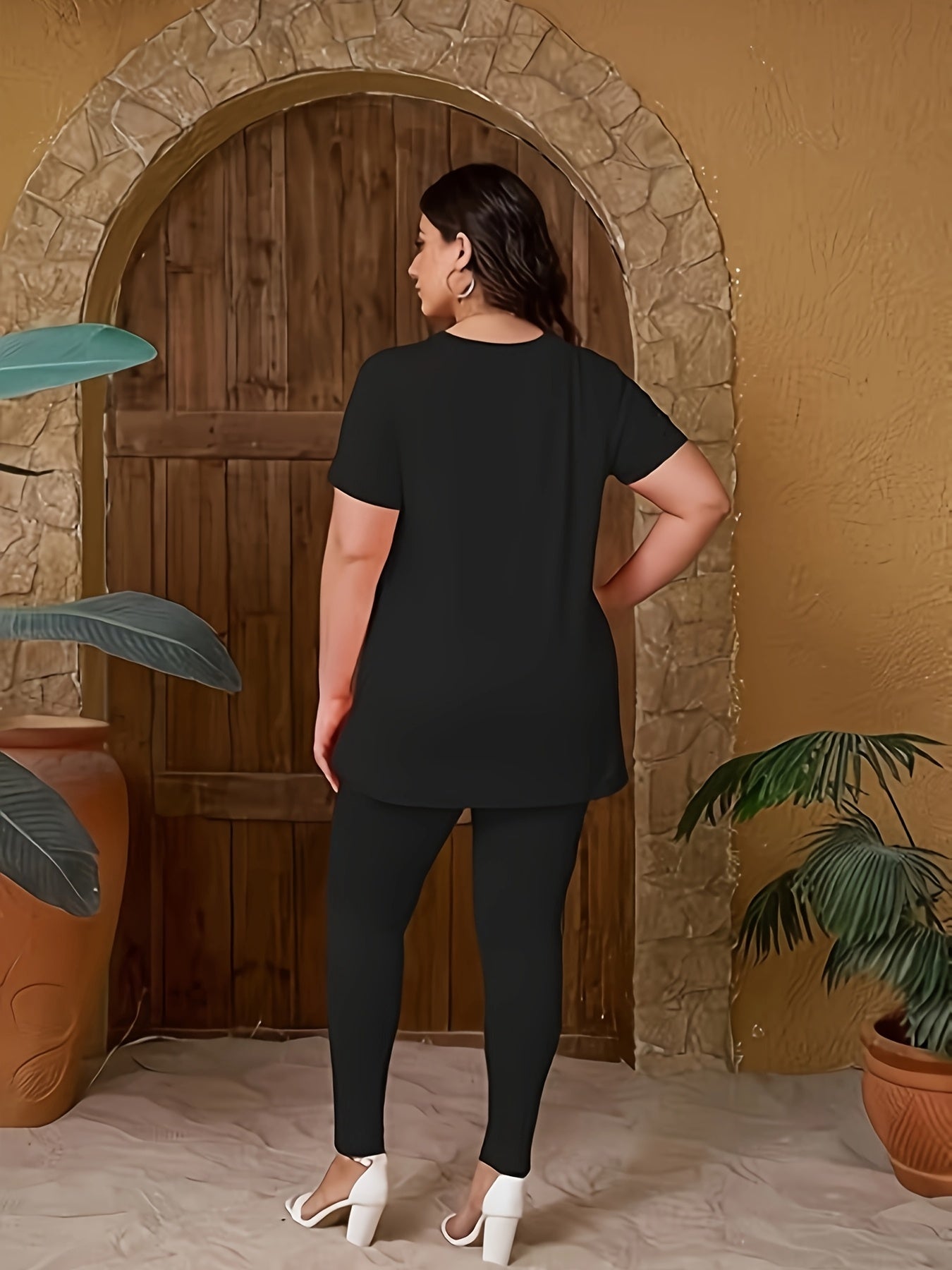 Plus Size - Women Plus Size 2pcs Outfits Short Sleeve Top And Legging Pant Set Lounge Sets