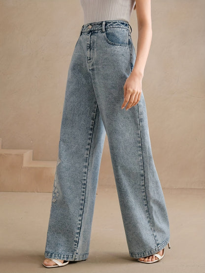 Women's Elegant Floral Embroidered Denim Trousers