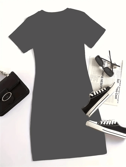 Overseas Heat-transfer Print, Simple Casual Style Blessed Printed Letter Dress| An Ideal Choice for Valentine's Day and Other Holidays, the 2024 New Summer Women's Loose, Comfortable, Versatile Short-sleeve T-shirt Dress Is Suitable for Commuting, Ho