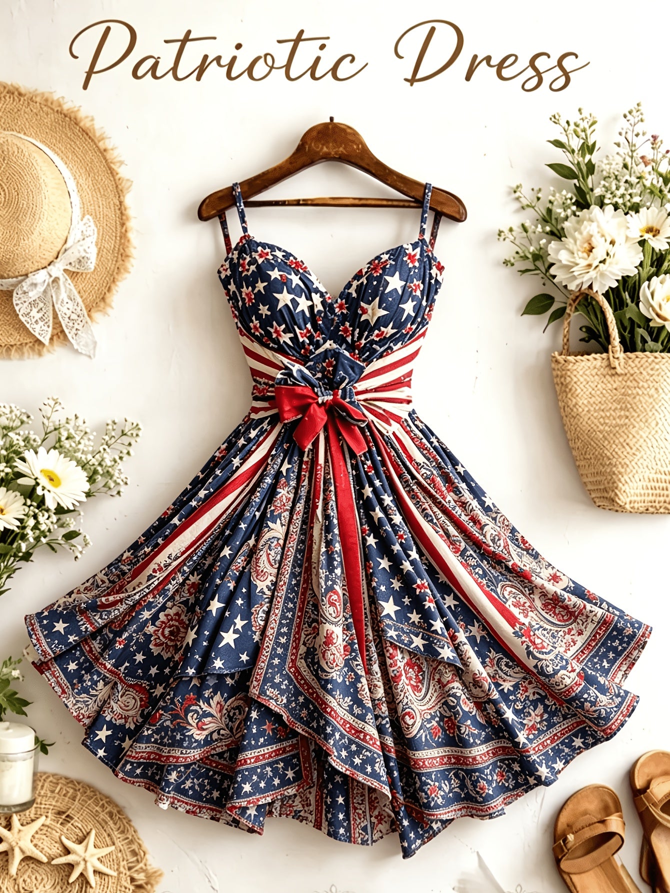 [Independence Day Style] Women's Retro Independence Day Style Camisole V-Neck Padded A-Line Waist Belted Fashion Dress