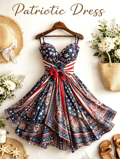 [Independence Day Style] Women's Retro Independence Day Style Camisole V-Neck Padded A-Line Waist Belted Fashion Dress