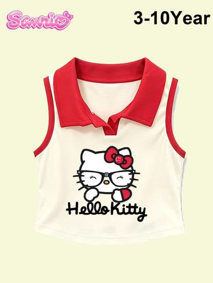 Sanrio Girls' Summer Two-Piece Set Featuring Hello Kitty Kuromi Cinnamoroll Printed, Collared Tank Top And Denim Short Pants, Cute Casual Style for Spring And Summer, Great for Daily Streetwear, Back to School Party Daily Outfit, for Outdoor