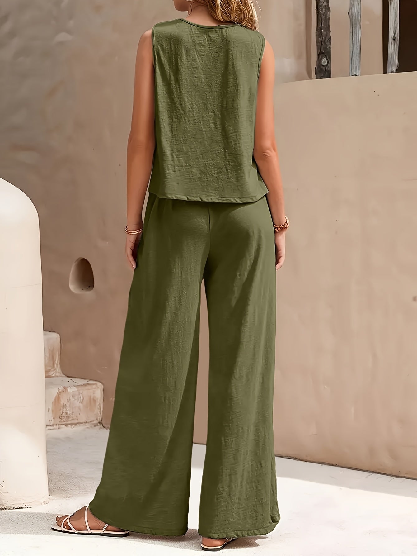 Women 2pcs Lounge Set, Crew Neck Sleeveless Tank Top Wide Leg Pants, Summer Casual Outfit for Daily, Travel Or Party