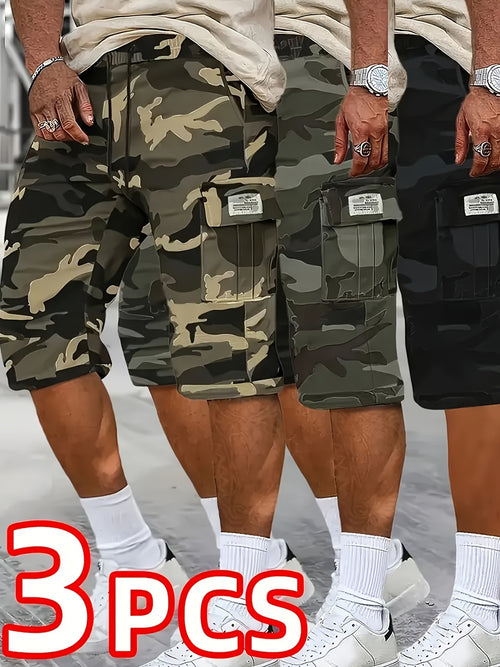 [Father'S Day Gift Choice] 3pcs Camo Cargo Shorts for Men, Knee-Length Shorts with Flap Pockets And for Hiking, Hunting, Fishing, Work Shorts for All Outdoors Activities
