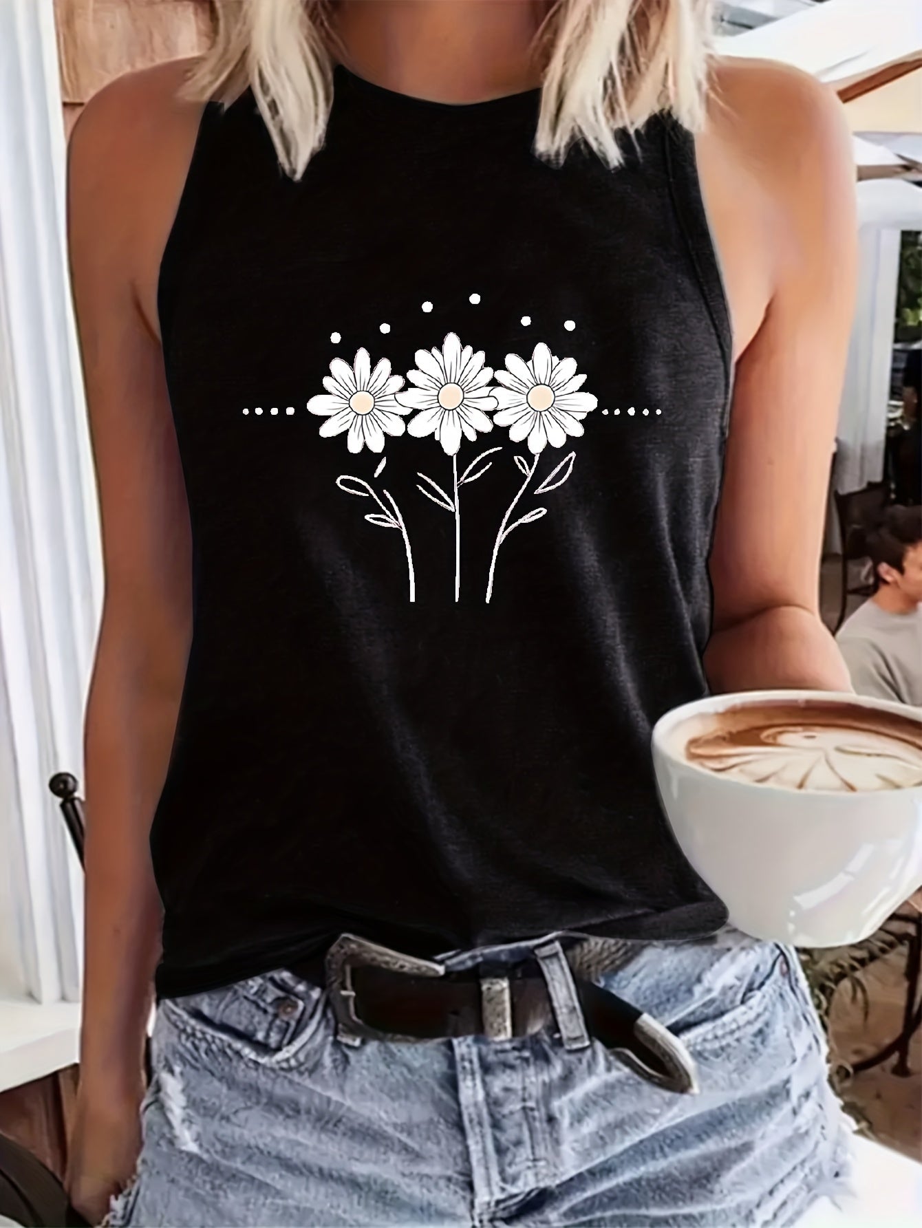 [Lightweight Summer Tops] Flower Pattern Print Crew-Neck Vest, Casual Sleeveless Women's Tops, Lightweight And Breathable, Suitable For Summer And Spring, Women's Clothing