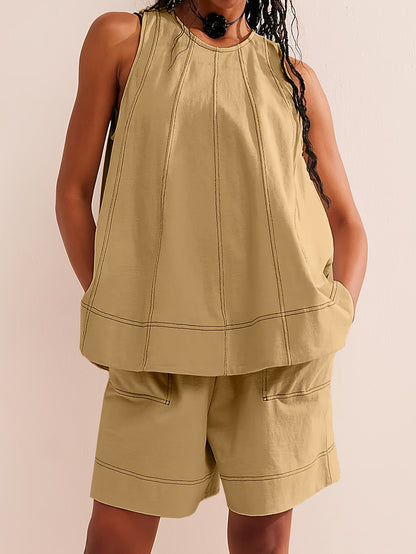 Womens 2pcs Outfits Sleeveless Matching Sets A Line Tank Tops Contrast Stitching High Waist Shorts with Pockets