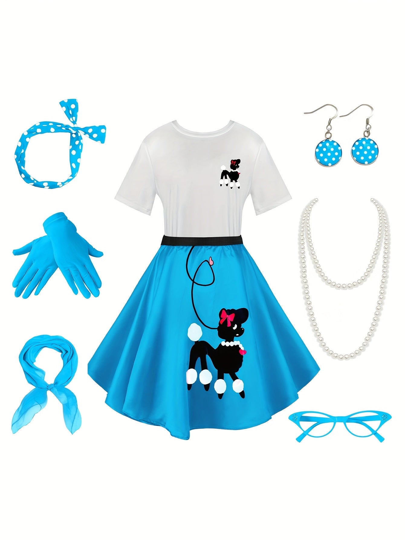 Ladies' Poodle Dress Set Retro Jumping Style 1950S Adult Women'S Halloween Costume T-Shirt Skirt Gloves, Scarf, Glasses, Earrings, Necklace Additions 8pcs Set