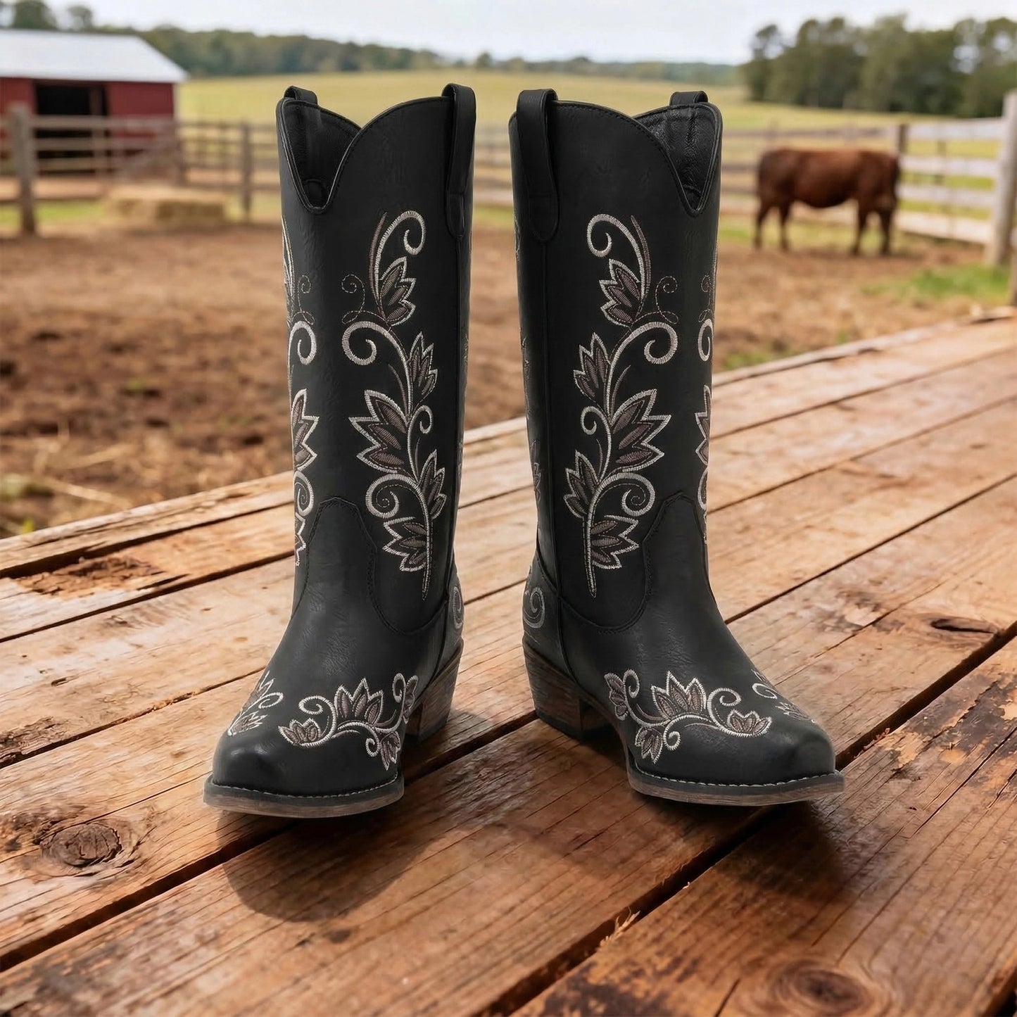 Women'S Cowboy Cowgirl Western Mid Calf Boots Square Toe Embroidered Stitched Pull on Country Boots with Low Chunky Heel Women Shoes