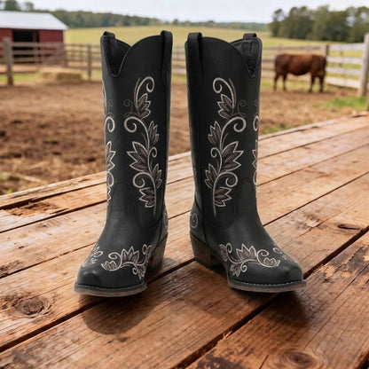 Women'S Cowboy Cowgirl Western Mid Calf Boots Square Toe Embroidered Stitched Pull on Country Boots with Low Chunky Heel Women Shoes