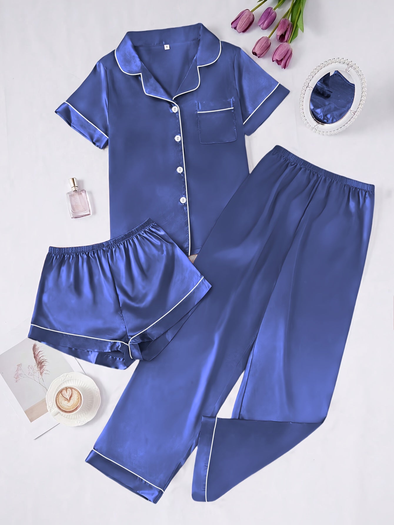 Solid Color Women'S Simple And Comfortable 3pcs Pajama Set, Includes 3pcss: Collared Short-Sleeve Top & Elastic Waist Shorts & Elastic Waist Long Pants Women'S Pajama Set