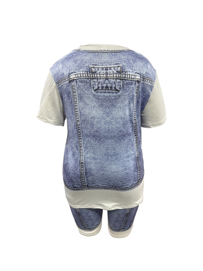 [Denim Print/Imitation Denim] Women's clothing Full body imitation denim print two-piece set Casual loose short sleeves paired with slim shorts Round neck Loosen the top with a wide swing Set with tight shorts