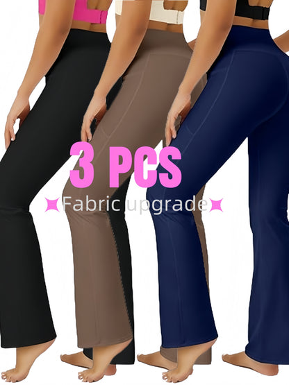 Set of 3 Ultra Comfortable High-Rise Flared Trousers - Women'S Tummy Shaping Bootcut Leggings Featuring Pockets