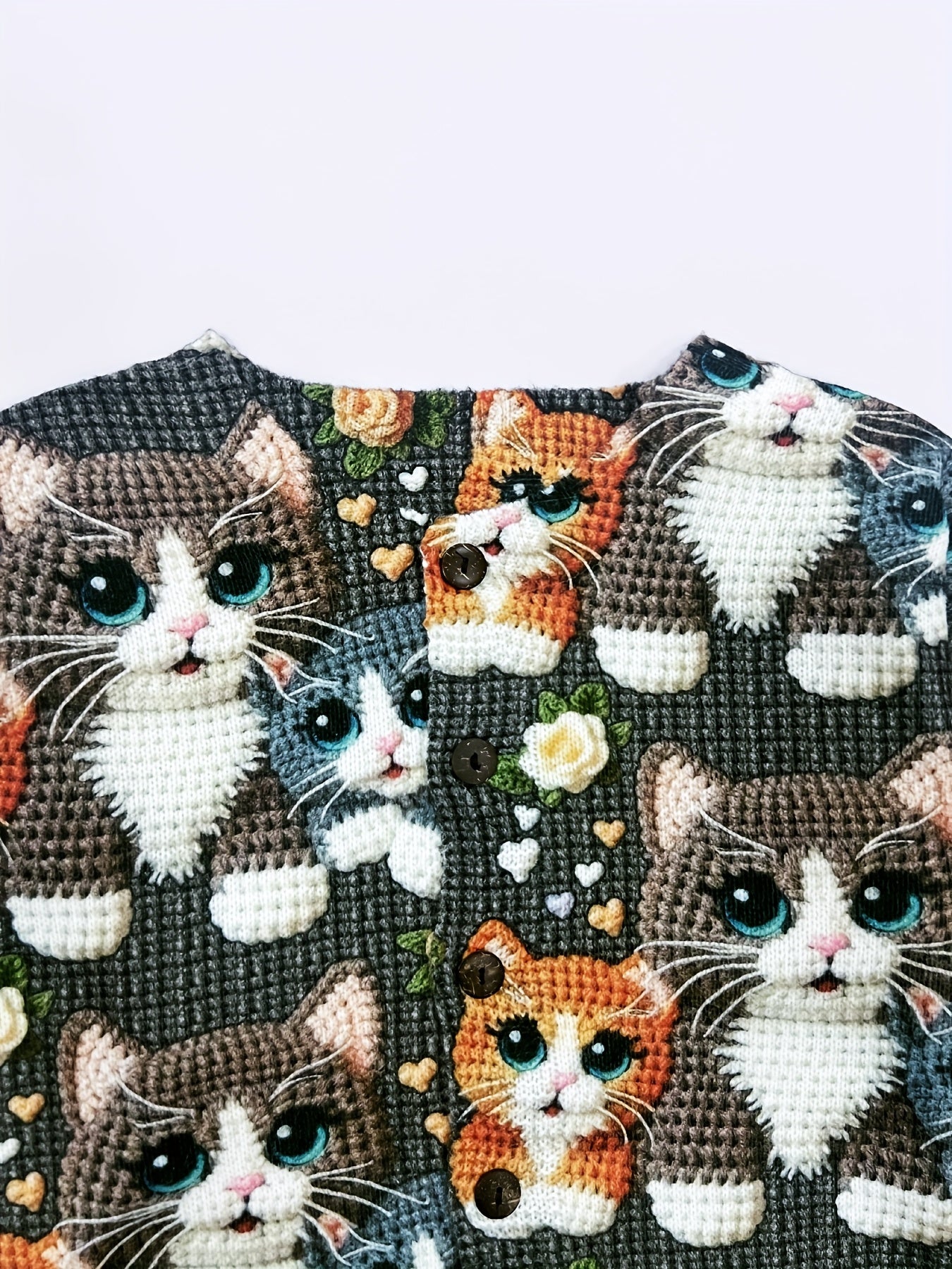 2025 Women's Long Sleeve 3D Printed Crochet Cat Print Cardigan Sweater in Youthful Style