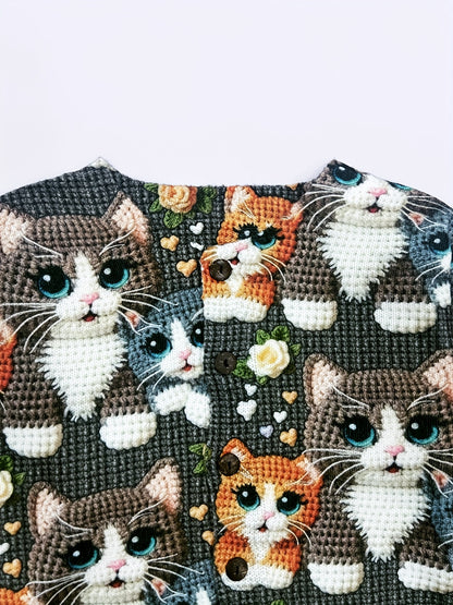 2025 Women's Long Sleeve 3D Printed Crochet Cat Print Cardigan Sweater in Youthful Style