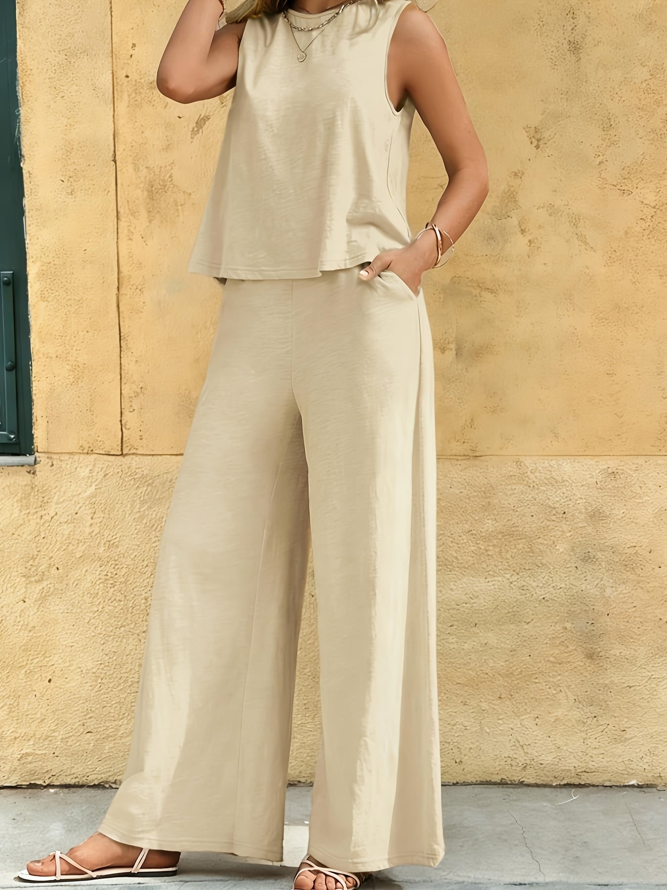 Solid Elegant 2pcs Set, Tank Top & Wide Leg Pants with Pockets Outfits, Women 2pcs Outfits