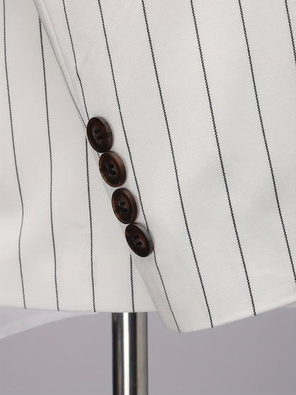 Latest Men's Suit Striped Double-Breasted Suit Spring/ Summer/ Autumn Thin Two-Piece Set with Frill Collar Striped Style Four Buttons Suit Business And Casual Dress Collar Necklace Decoration Slimming Dress Casual Suit White Suit