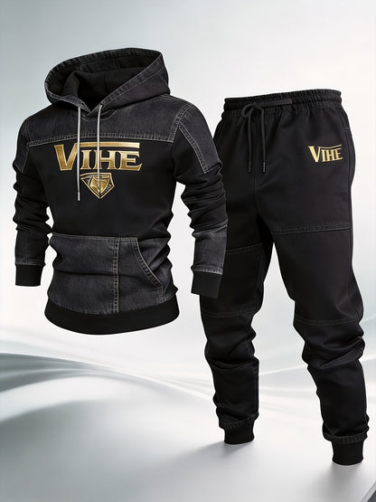 [VIHE Gradient Faux Denim Print Hooded Set] Men'S Hooded Sweatshirt And Jogger Pants, Faux Denim Print Gradient Texture Design, Golden VIHE Brand Logo Accent, Relaxed Fit for Daily Casual/Retro Style Wear, Faux Denim Print Texture Combines Comfort
