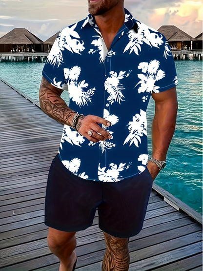 3pcs Men's Tropical Floral & Palm Tree Print Short Sleeve Shirts - Casual, Comfortable Summer Button-Up Dress Shirts in Black, White, & Beige - Perfect Gift for Him
