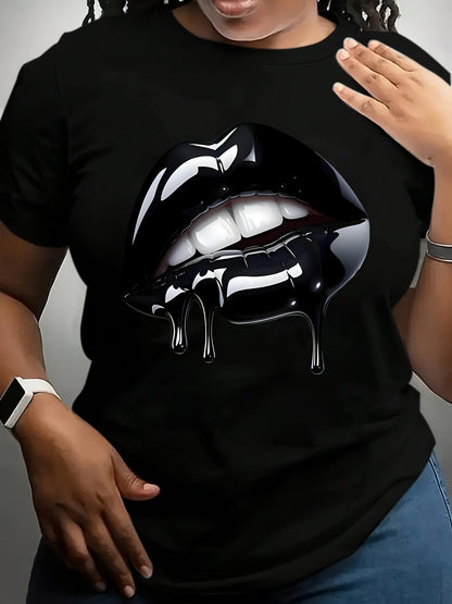 Plus Size Women'S Oversized Lips Print T-Shirt - with Glossy Lip Design, Breathable Round Neck Short Sleeve Casual Top, All-Season Fit for Casual Attire & Statement Outfits, Versatile Basic Tee for Layering Standalone Style