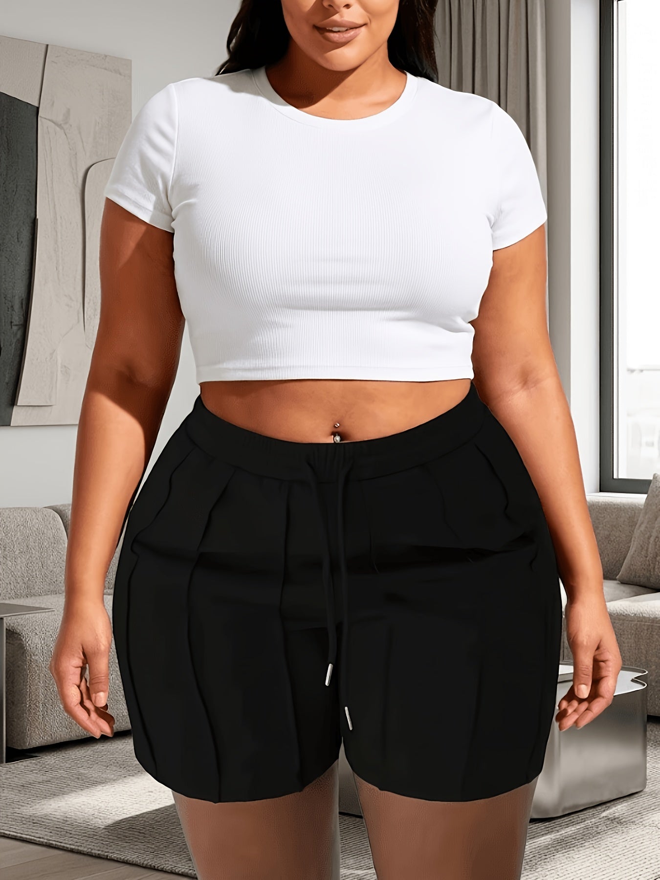 Plus Size, (4pcs 97894 Solid Color Drawstring Shorts, Casual Elastic Waistband, Spring/Summer Women's Wear, Casual Style, Spring/Summer/Autumn)