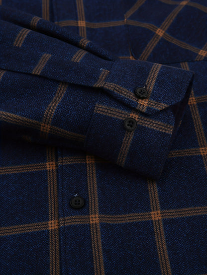 Men'S Heavyweight Long Sleeve Shirt - Thick Winter Jacket with Button Front Placket, Navy Blue & Brown Plaid, Formal & Casual Button-Up Blouse for Office, Outdoor, Everyday - Classic Button-Up Shirt for Men, Winter Jacket, Outdoor Clothing