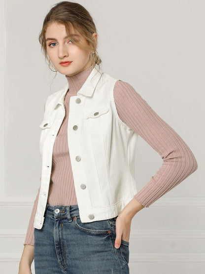 Women's Buttoned Washed Denim Vest Jacket W Chest Flap Pockets