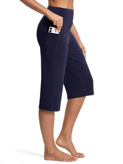 18-Inch Capri Trousers for Women Featuring a High Waist, Pockets, Tummy Control, And a Loose Straight Leg Design Suitable for Workouts And