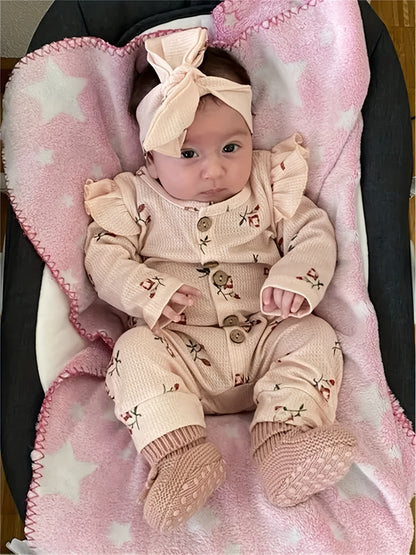Kukitty Newborn Baby Girl Waffle Fabric Romper Ruffle Long Sleeve Floral Print Button Jumpsuit with Headband, for Outdoor