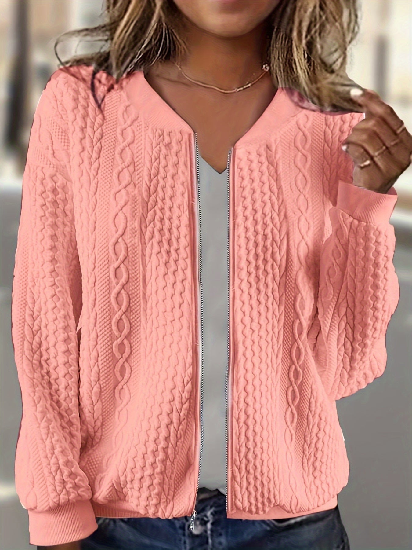 Plus Size, Plus Size Zip Up Textured Solid Jacket, Casual Long Sleeve Outerwear for Fall & Spring, Women's Plus Size Clothing