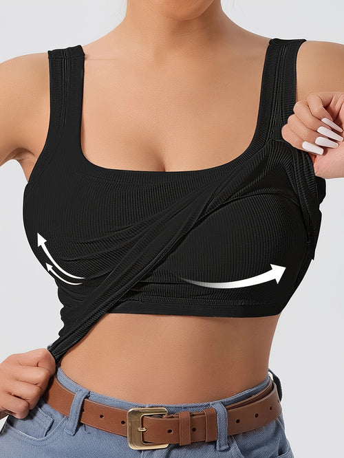A Plain Scoop Neck Tank Top, Perfect for Casual Summer Wear, Featuring Removable Chest Padding for a Slim Fit, Designed for Women