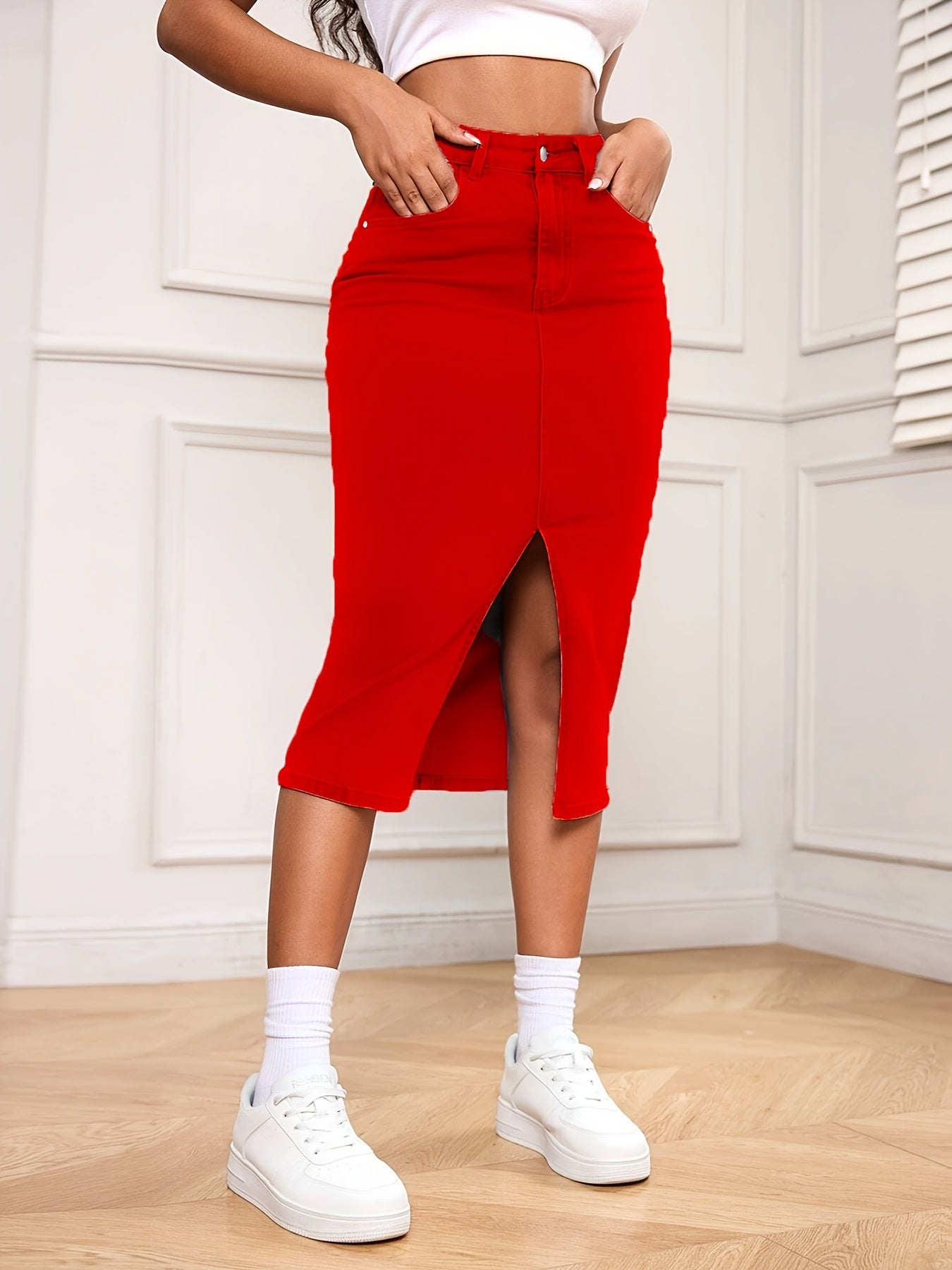 Women Red Denim Midi Skirt High Waisted Pencil Skirt Slim Fit Casual Everyday Denim Skirt with Front Slit Five Pocket Design Solid Color Classic Elegant Street Style Versatile Womens Denim Skirts for Women Knee Length Red Denim Skirts High Elastic