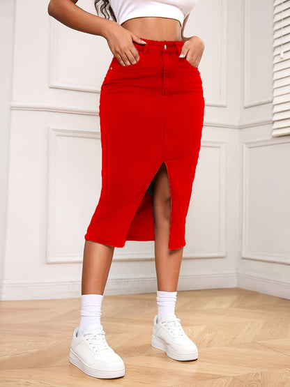 Women Red Denim Midi Skirt High Waisted Pencil Skirt Slim Fit Casual Everyday Denim Skirt with Front Slit Five Pocket Design Solid Color Classic Elegant Street Style Versatile Womens Denim Skirts for Women Knee Length Red Denim Skirts High Elastic
