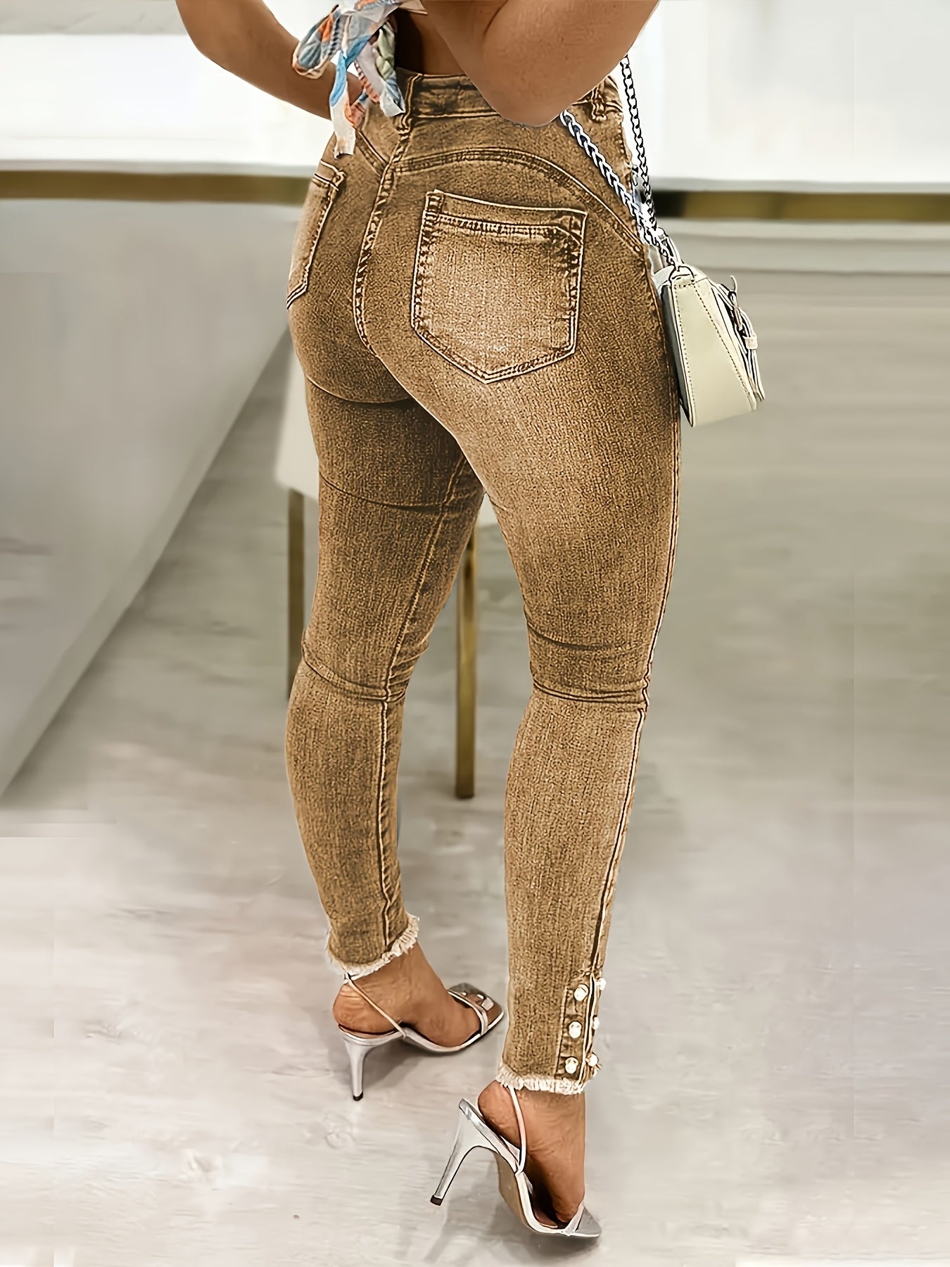Ladies' High Waisted Washed Distressed Visual Lifting Buttocks Slim Fit Pants with Edge Hair, Pearl Diamond Single Breasted Jeans